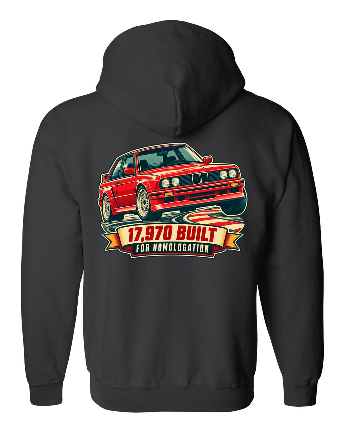 Vintage race poster print of a BMW E30 M3 at a hairpin with 17,970 built text black zip hoodie back view with the design