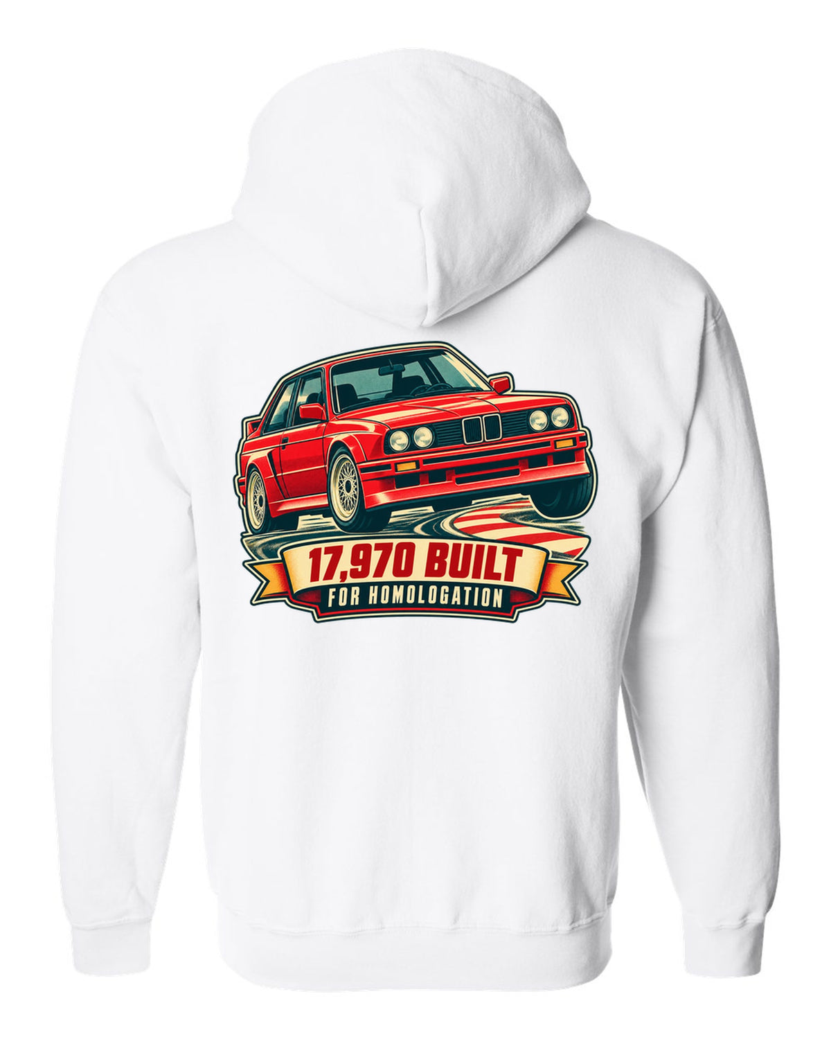 Vintage race poster print of a BMW E30 M3 at a hairpin with 17,970 built text white zip hoodie back view with the design