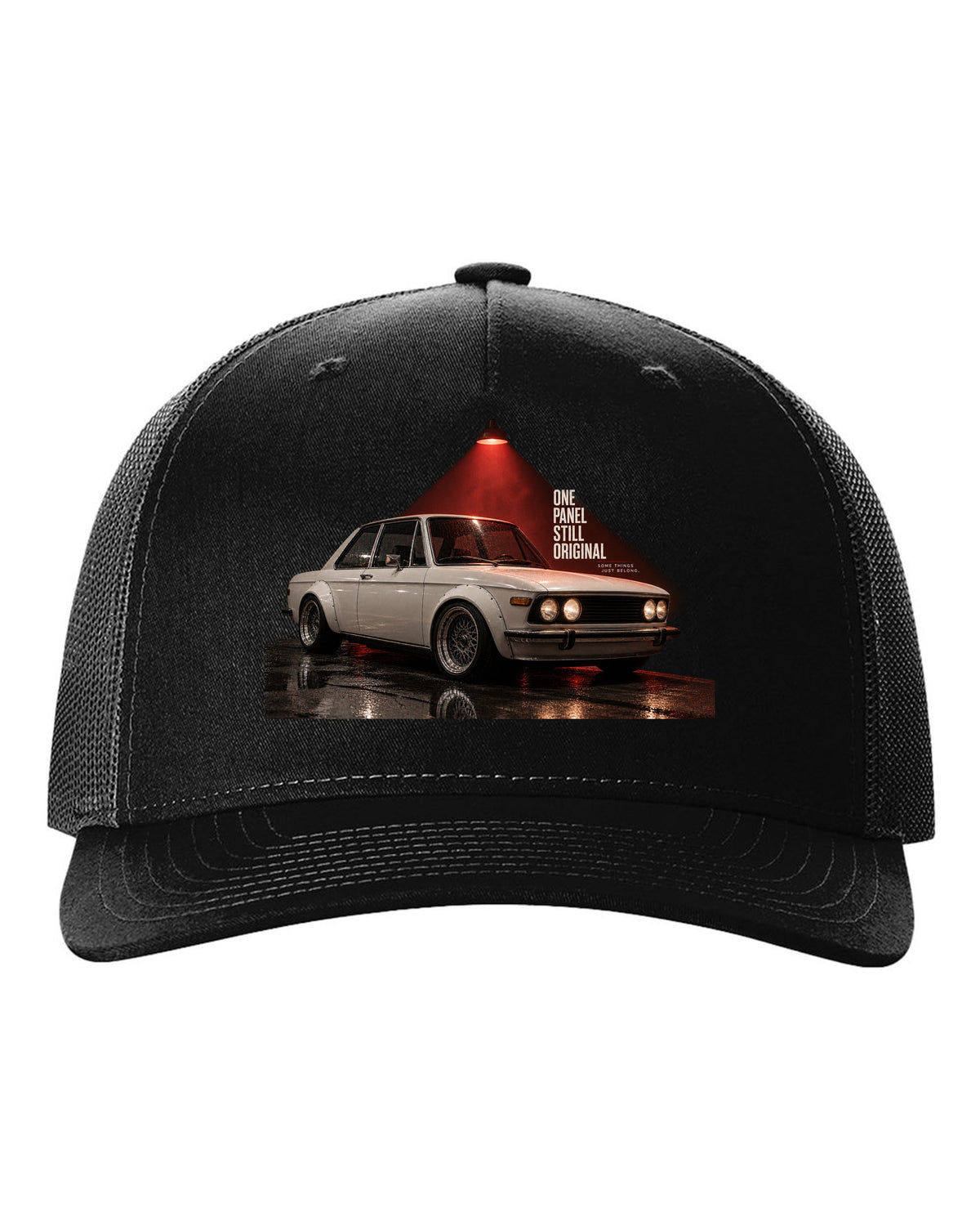BMW E30 M3 garage night print with one panel still original text black hat front view with the design