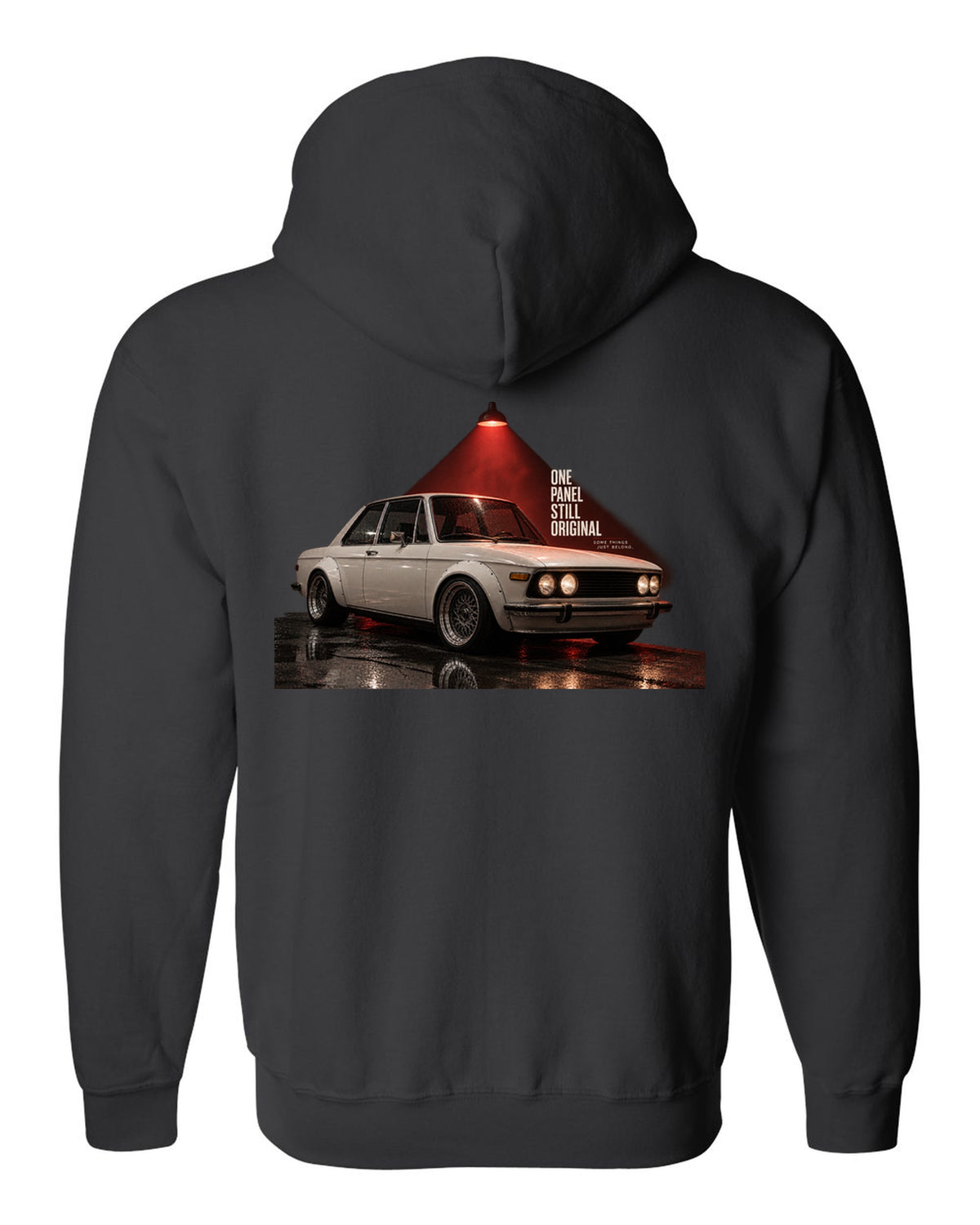 BMW E30 M3 garage night print with one panel still original text black zip hoodie back view with the design