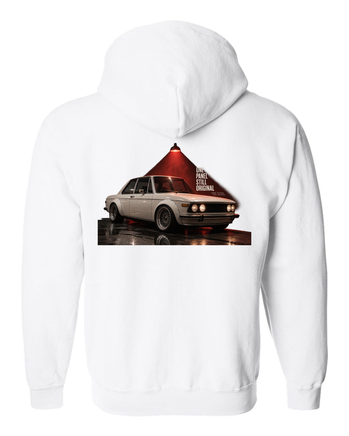 BMW E30 M3 garage night print with one panel still original text white zip hoodie back view with the design