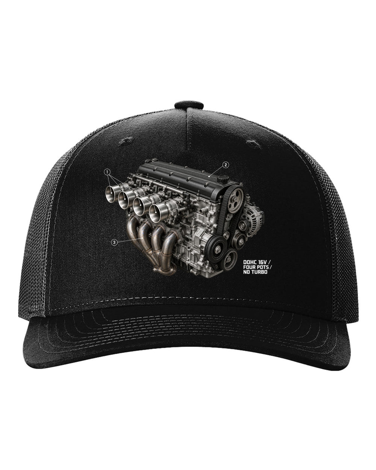BMW E30 M3 S14 engine hero print labelled DOHC 16V four pots no turbo black hat front view with the design