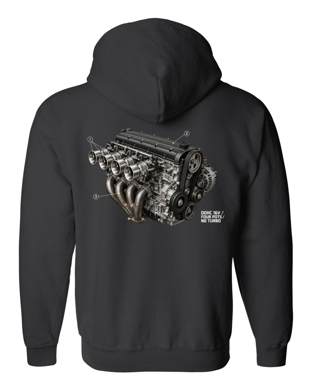 BMW E30 M3 S14 engine hero print labelled DOHC 16V four pots no turbo black zip hoodie back view with the design