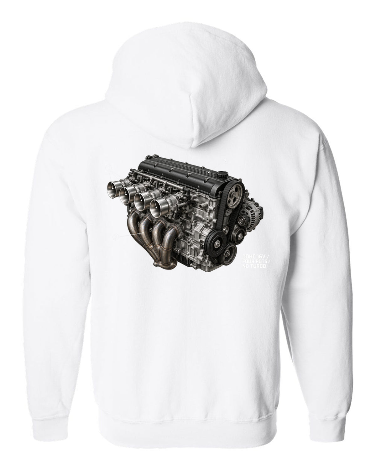 BMW E30 M3 S14 engine hero print labelled DOHC 16V four pots no turbo white zip hoodie back view with the design