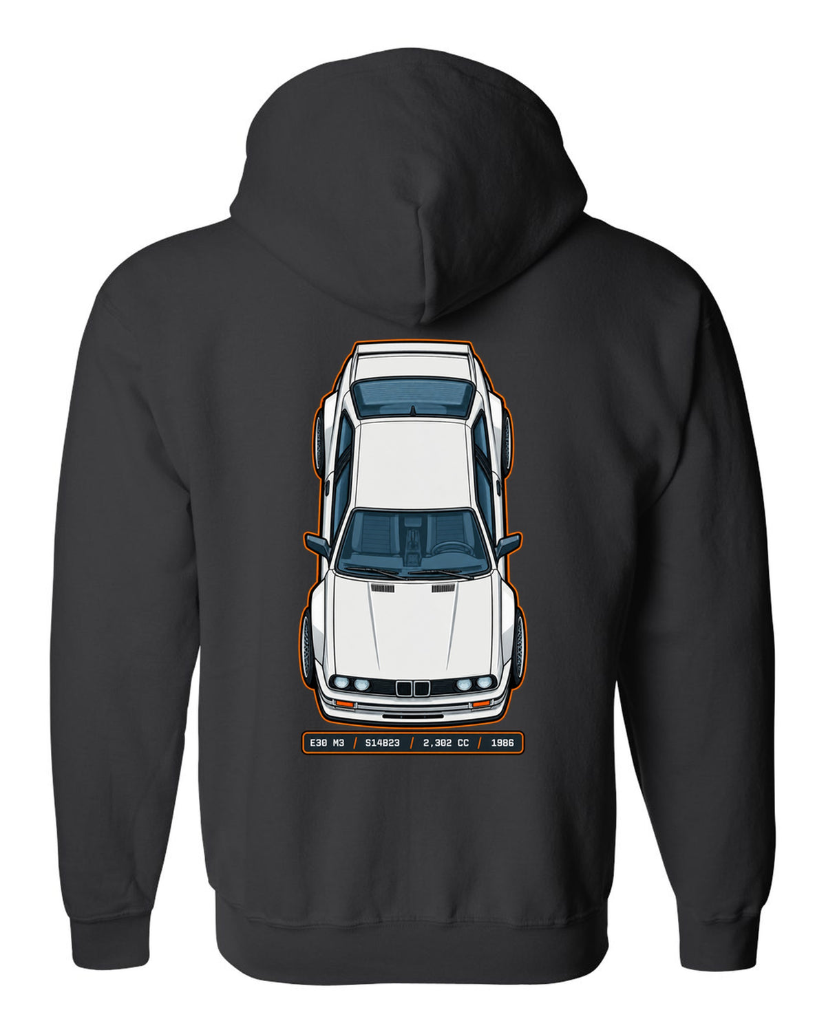 Top view spec sheet print of a BMW E30 M3 with S14B23 2,302 cc 1986 data plate text black zip hoodie back view with the design