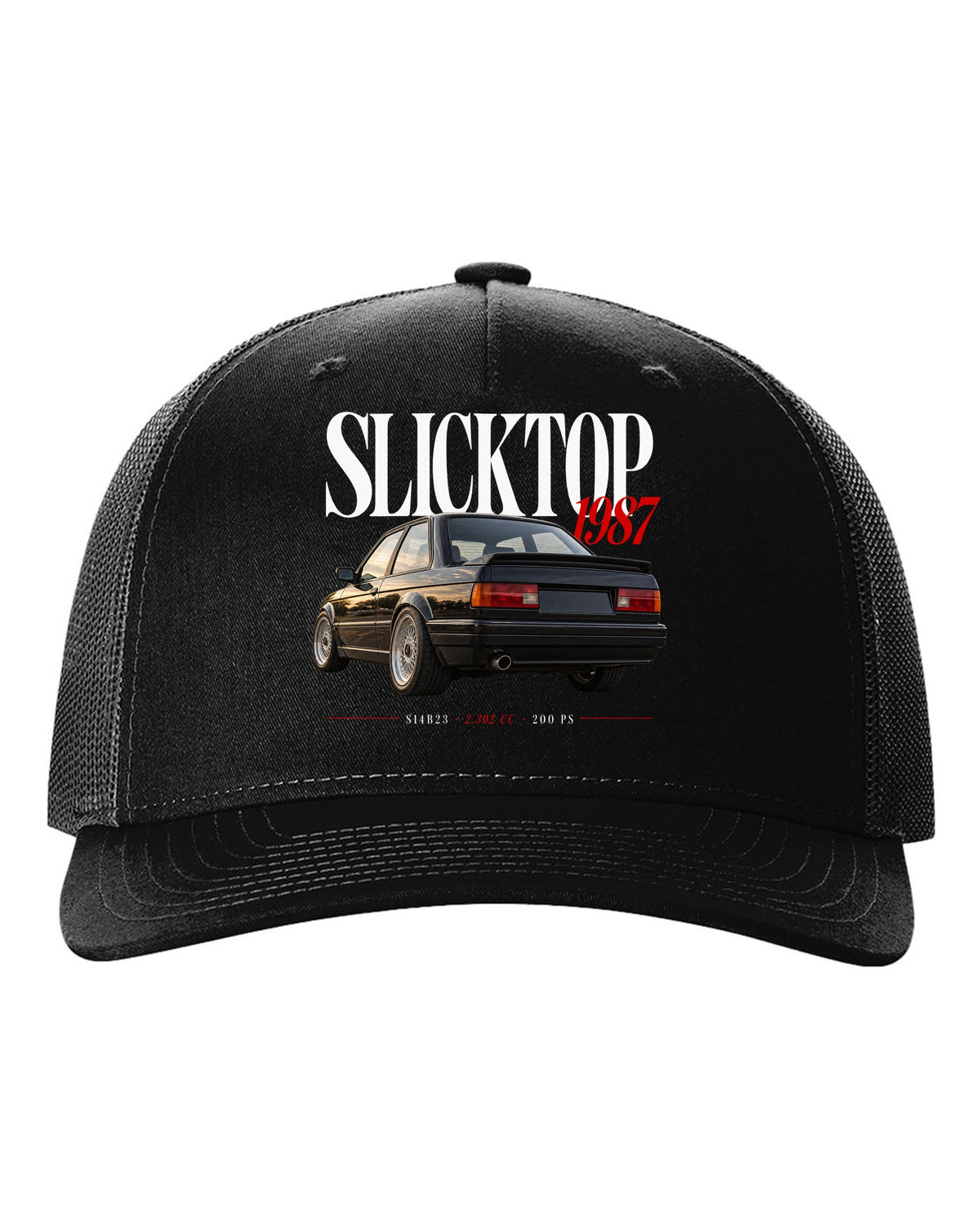 BMW E30 M3 Slicktop 1987 editorial headline print with S14B23 spec text black hat front view with the design
