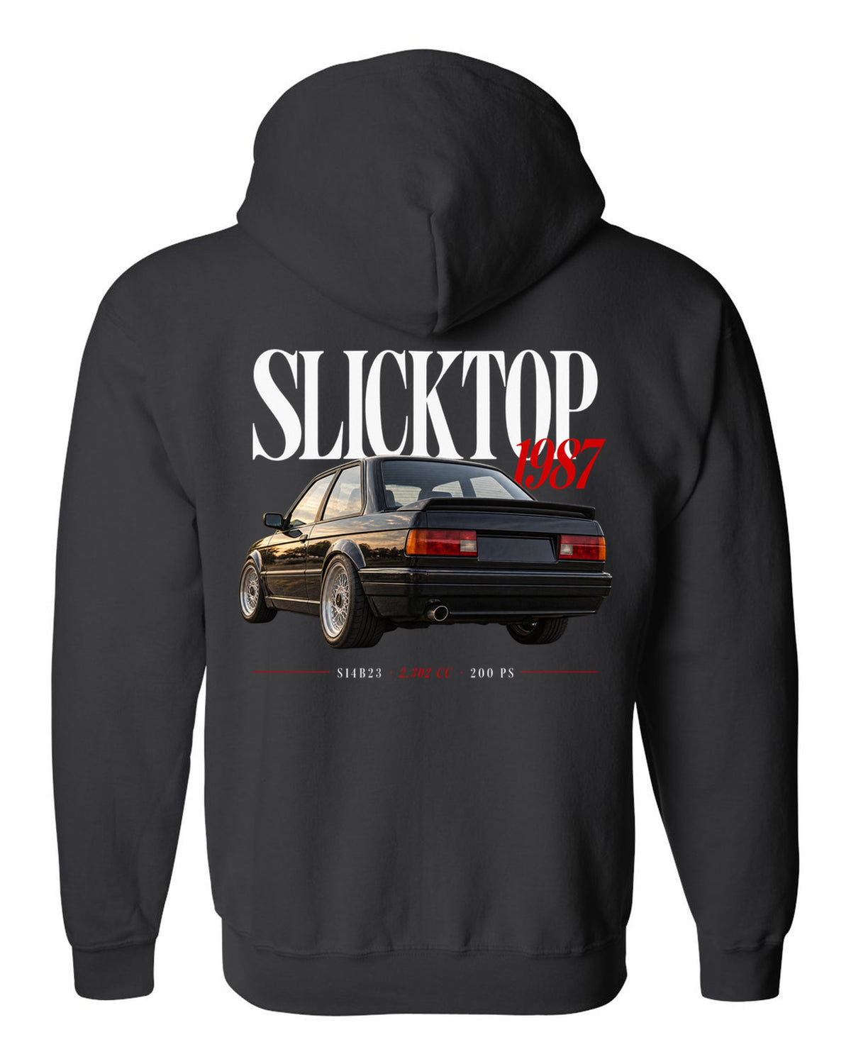BMW E30 M3 Slicktop 1987 editorial headline print with S14B23 spec text black zip hoodie back view with the design