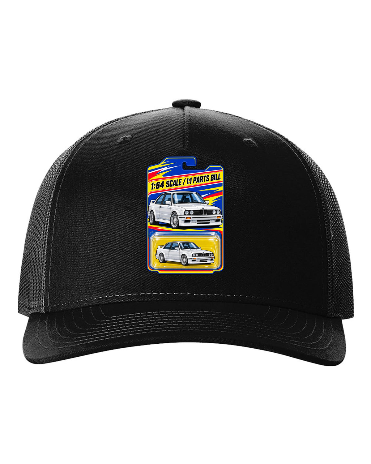 Vaporwave pastel print of a BMW E30 M3 slicktop with roof leaks not included text black hat front view with the design