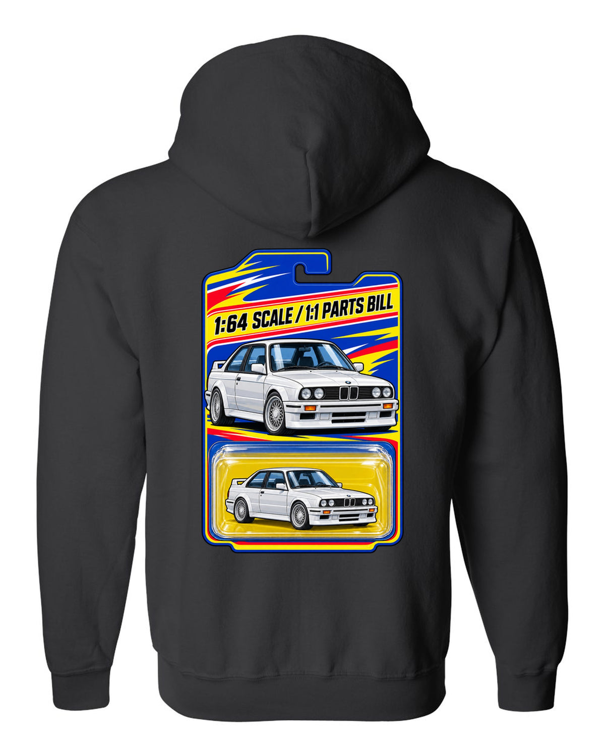 Vaporwave pastel print of a BMW E30 M3 slicktop with roof leaks not included text black zip hoodie back view with the design