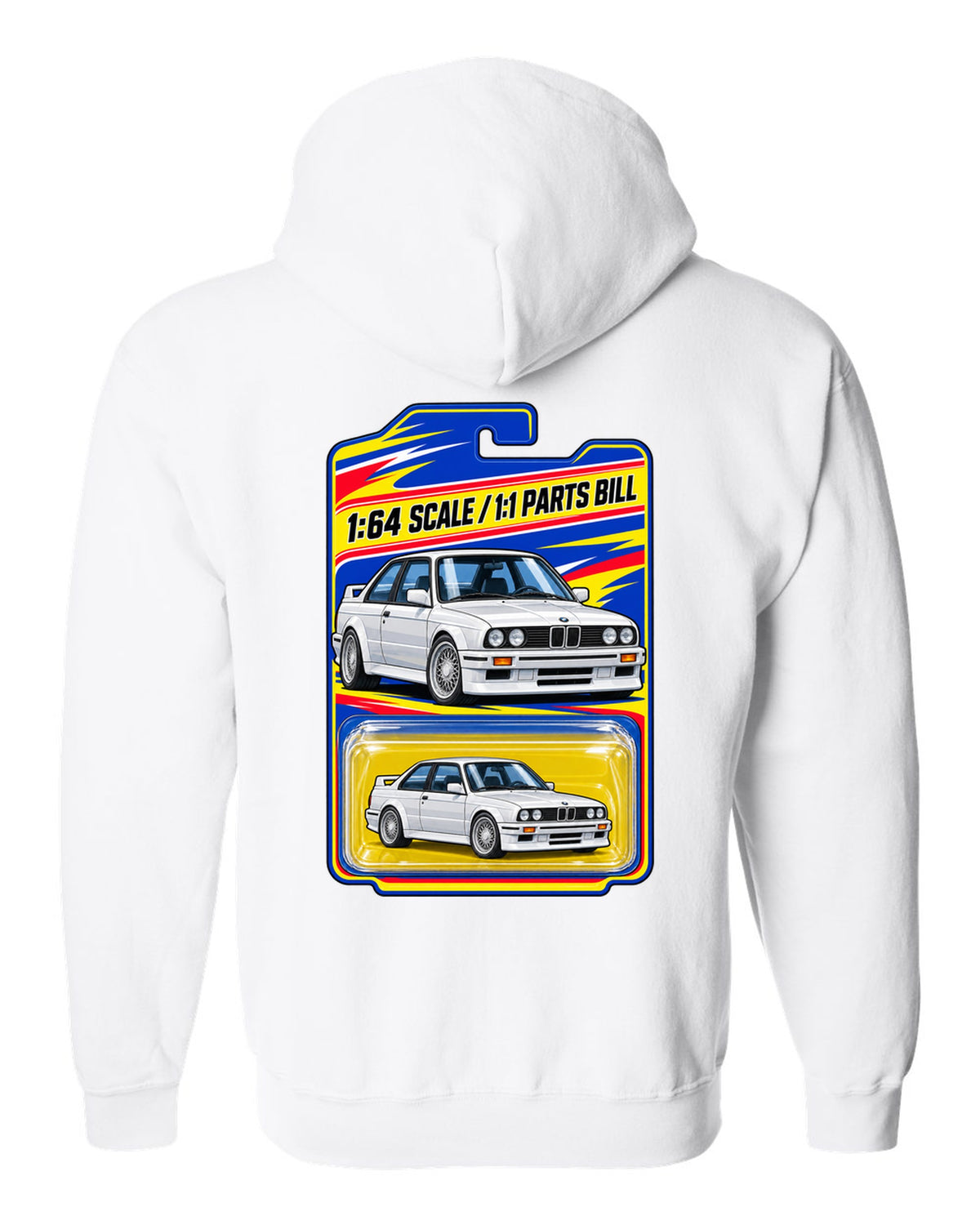 Vaporwave pastel print of a BMW E30 M3 slicktop with roof leaks not included text white zip hoodie back view with the design