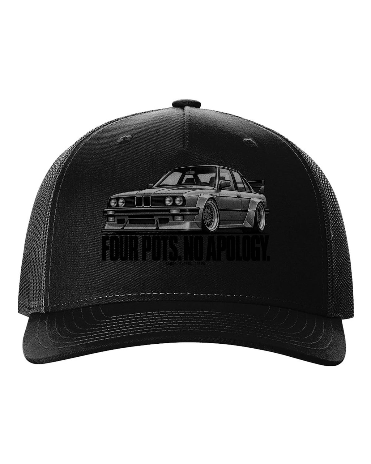 BMW E30 M3 Sport Evo halftone print with S14B25 2,467 cc and 238 PS text black hat front view with the design
