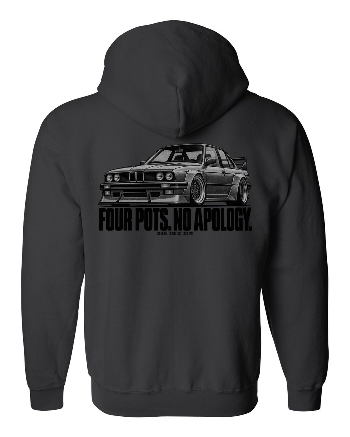BMW E30 M3 Sport Evo halftone print with S14B25 2,467 cc and 238 PS text black zip hoodie back view with the design