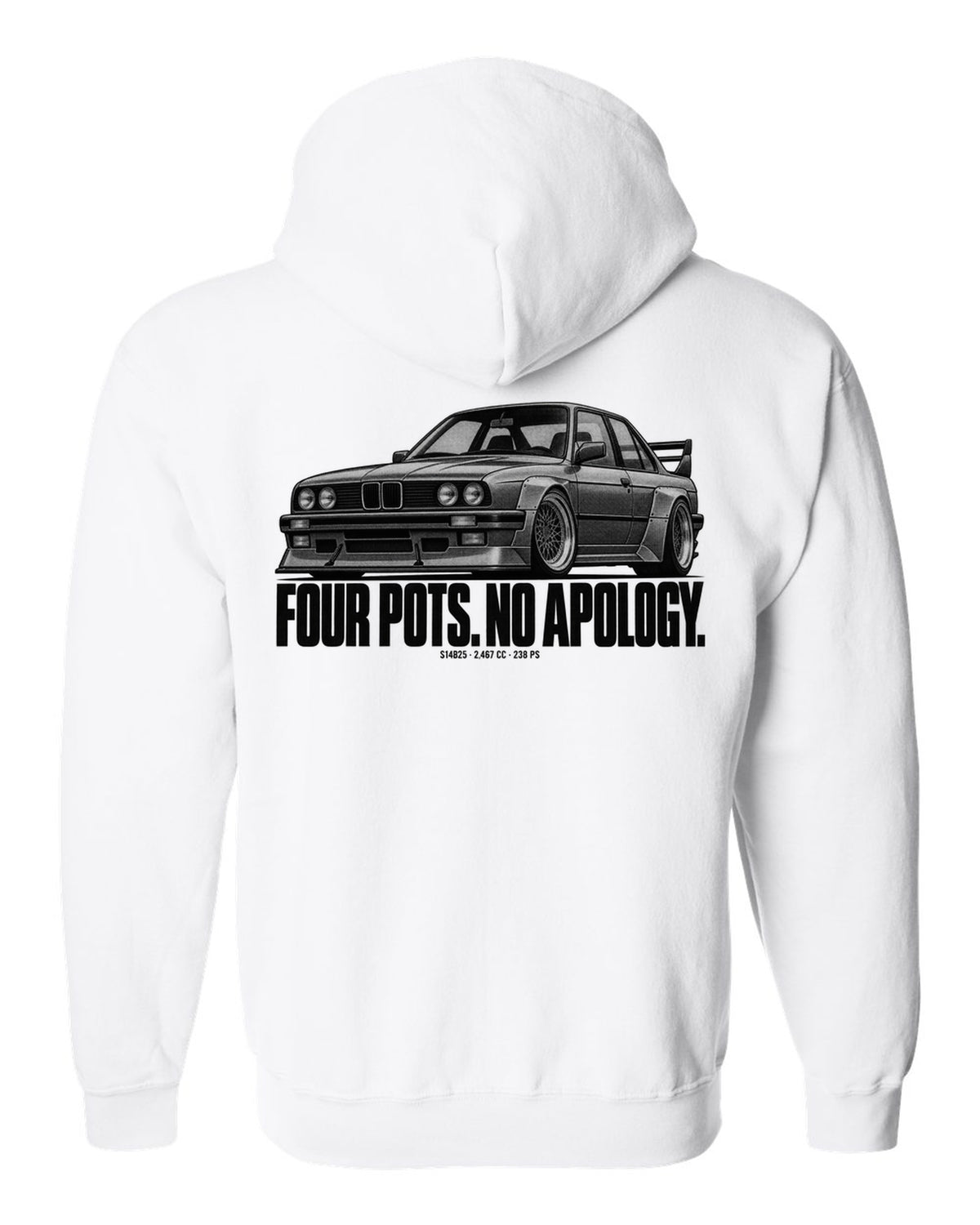 BMW E30 M3 Sport Evo halftone print with S14B25 2,467 cc and 238 PS text white zip hoodie back view with the design