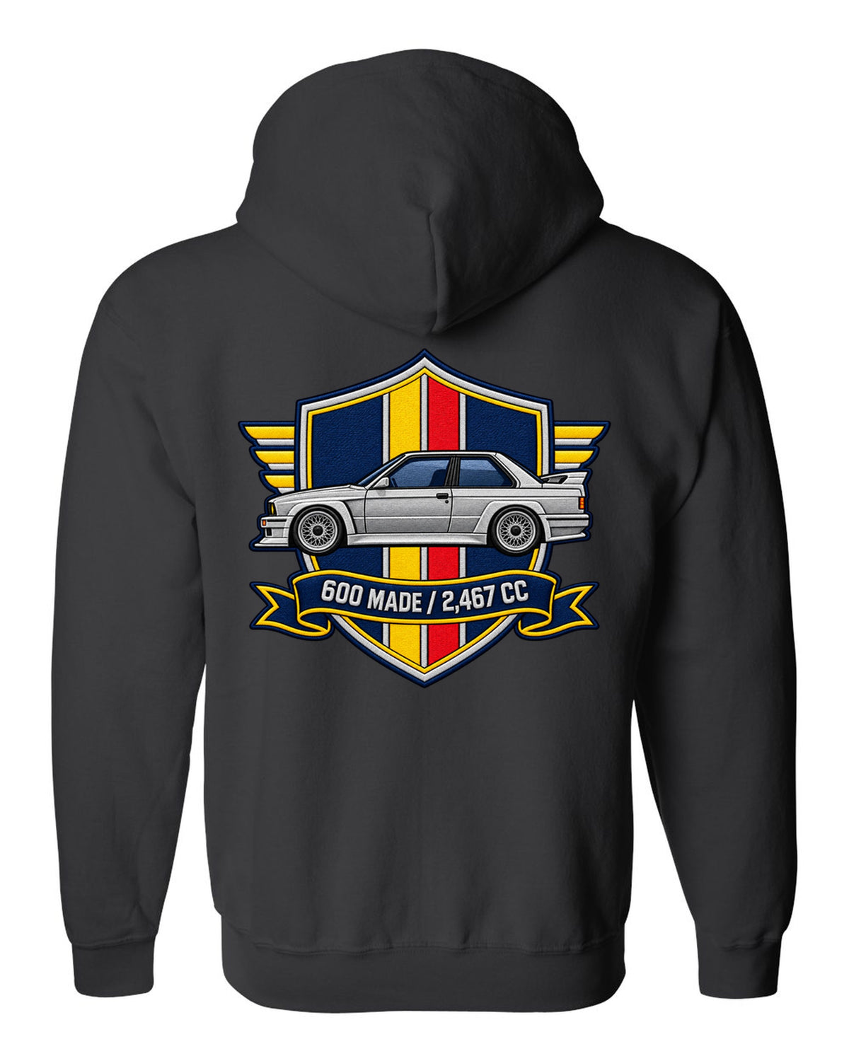 Varsity crest style print of a BMW E30 M3 Sport Evo with 600 made and 2,467 cc text black zip hoodie back view with the design