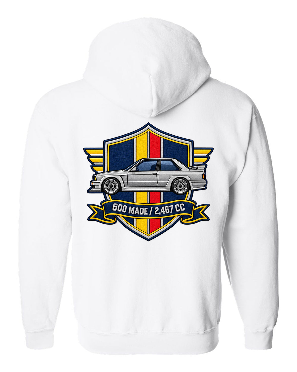 Varsity crest style print of a BMW E30 M3 Sport Evo with 600 made and 2,467 cc text white zip hoodie back view with the design