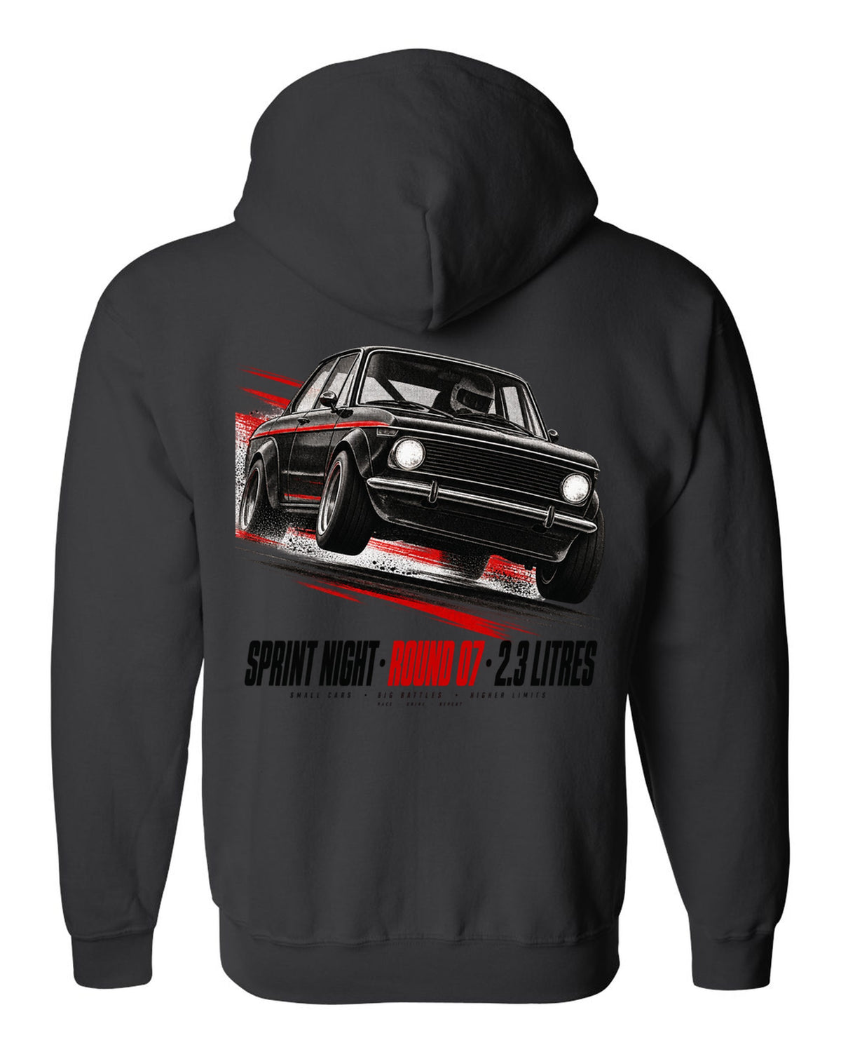 BMW E30 M3 race poster print titled Sprint Night Round 07 with 2.3 litres text black zip hoodie back view with the design