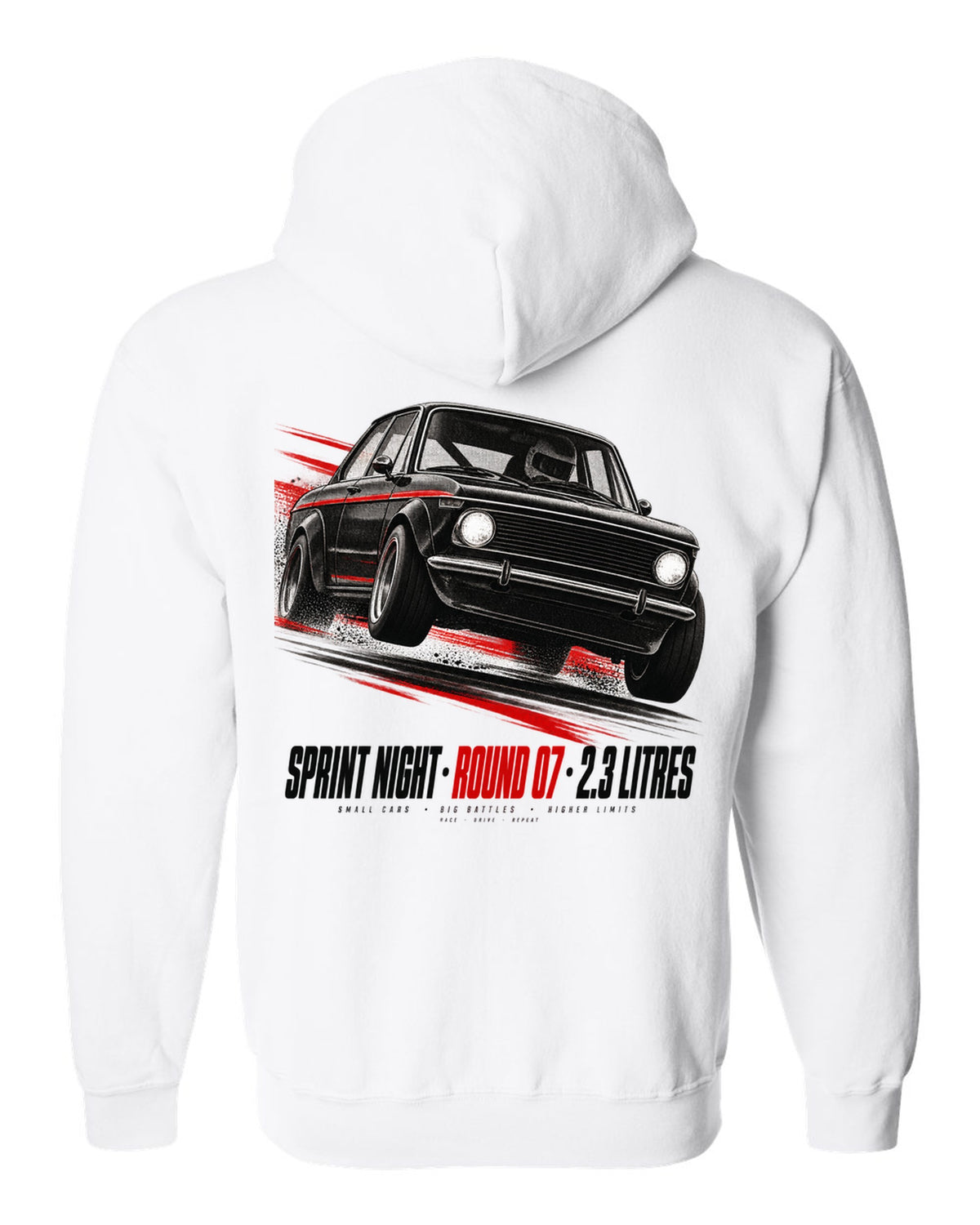 BMW E30 M3 race poster print titled Sprint Night Round 07 with 2.3 litres text white zip hoodie back view with the design