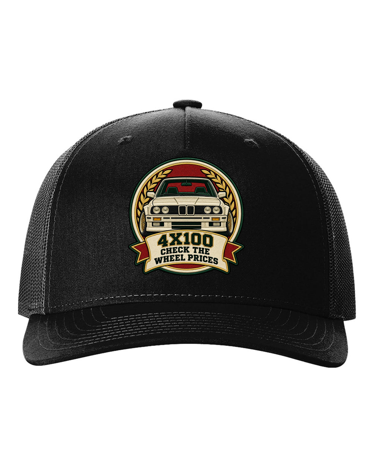 Varsity crest style print of a BMW E30 M3 with 4X100 wheel price joke text black hat front view with the design