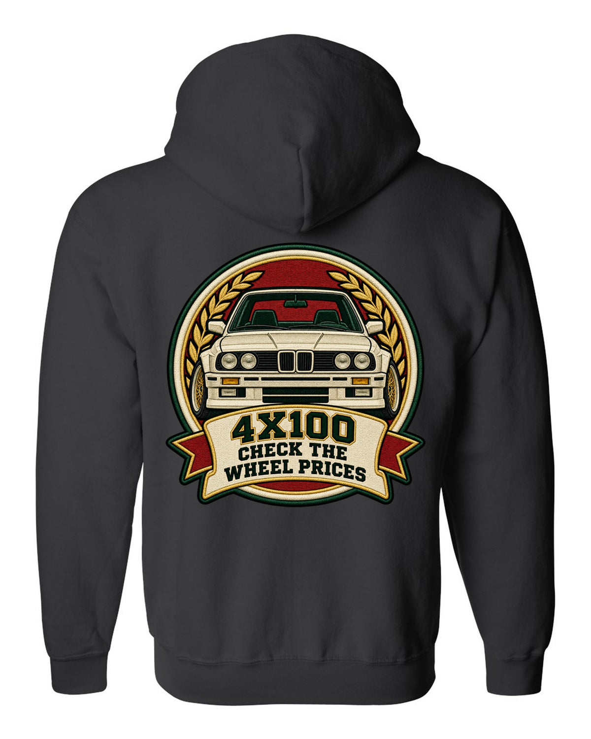 Varsity crest style print of a BMW E30 M3 with 4X100 wheel price joke text black zip hoodie back view with the design