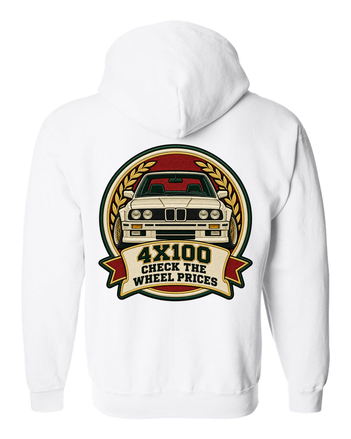 Varsity crest style print of a BMW E30 M3 with 4X100 wheel price joke text white zip hoodie back view with the design