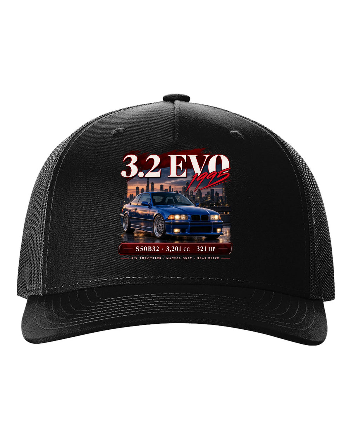 BMW E36 M3 3.2 Evo coupe archive panel print with S50B32 and 321 HP text black hat front view with the design