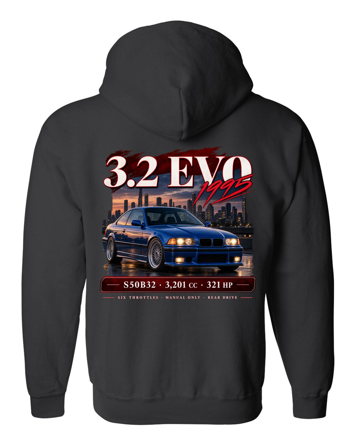 BMW E36 M3 3.2 Evo coupe archive panel print with S50B32 and 321 HP text black zip hoodie back view with the design
