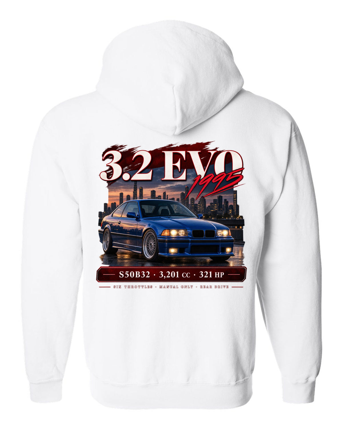 BMW E36 M3 3.2 Evo coupe archive panel print with S50B32 and 321 HP text white zip hoodie back view with the design