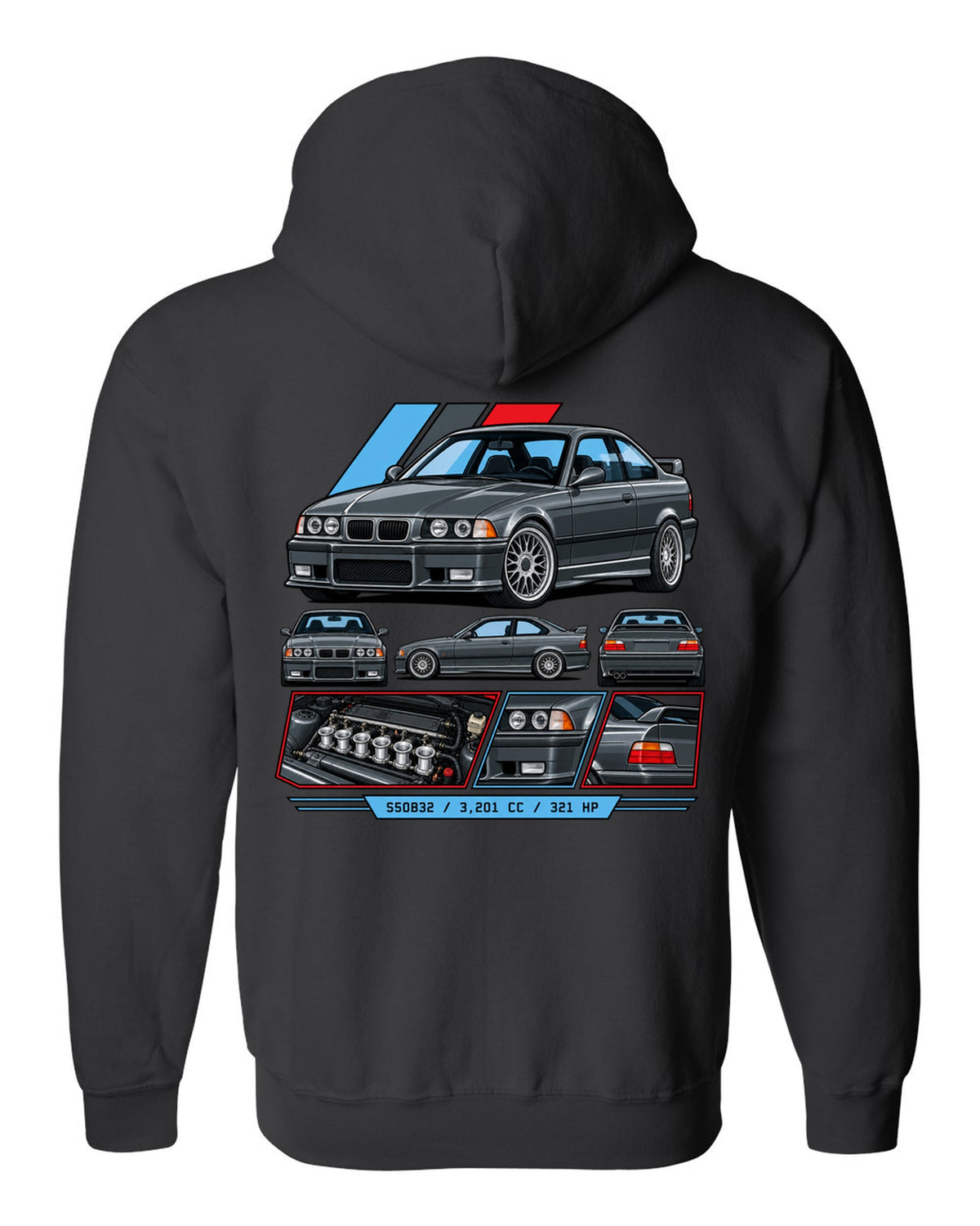 Cel-shaded anime night touge print of a BMW E36 M3 with slide now fix the diff later text black zip hoodie back view with the design