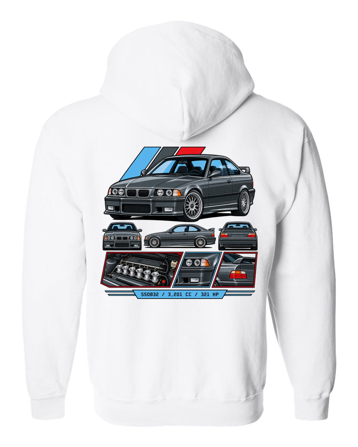 Cel-shaded anime night touge print of a BMW E36 M3 with slide now fix the diff later text white zip hoodie back view with the design