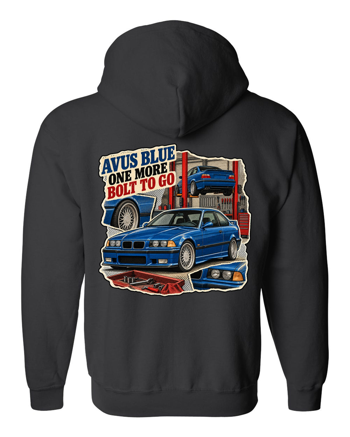 Vintage magazine ad collage print of an Avus Blue BMW E36 M3 with one more bolt to go text black zip hoodie back view with the design