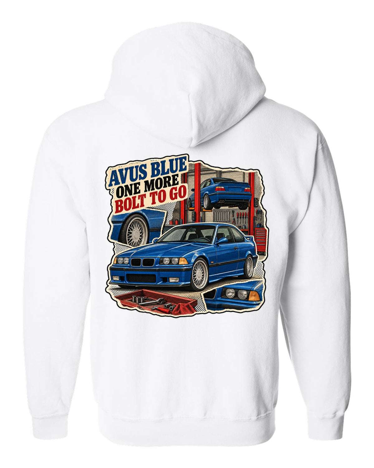 Vintage magazine ad collage print of an Avus Blue BMW E36 M3 with one more bolt to go text white zip hoodie back view with the design