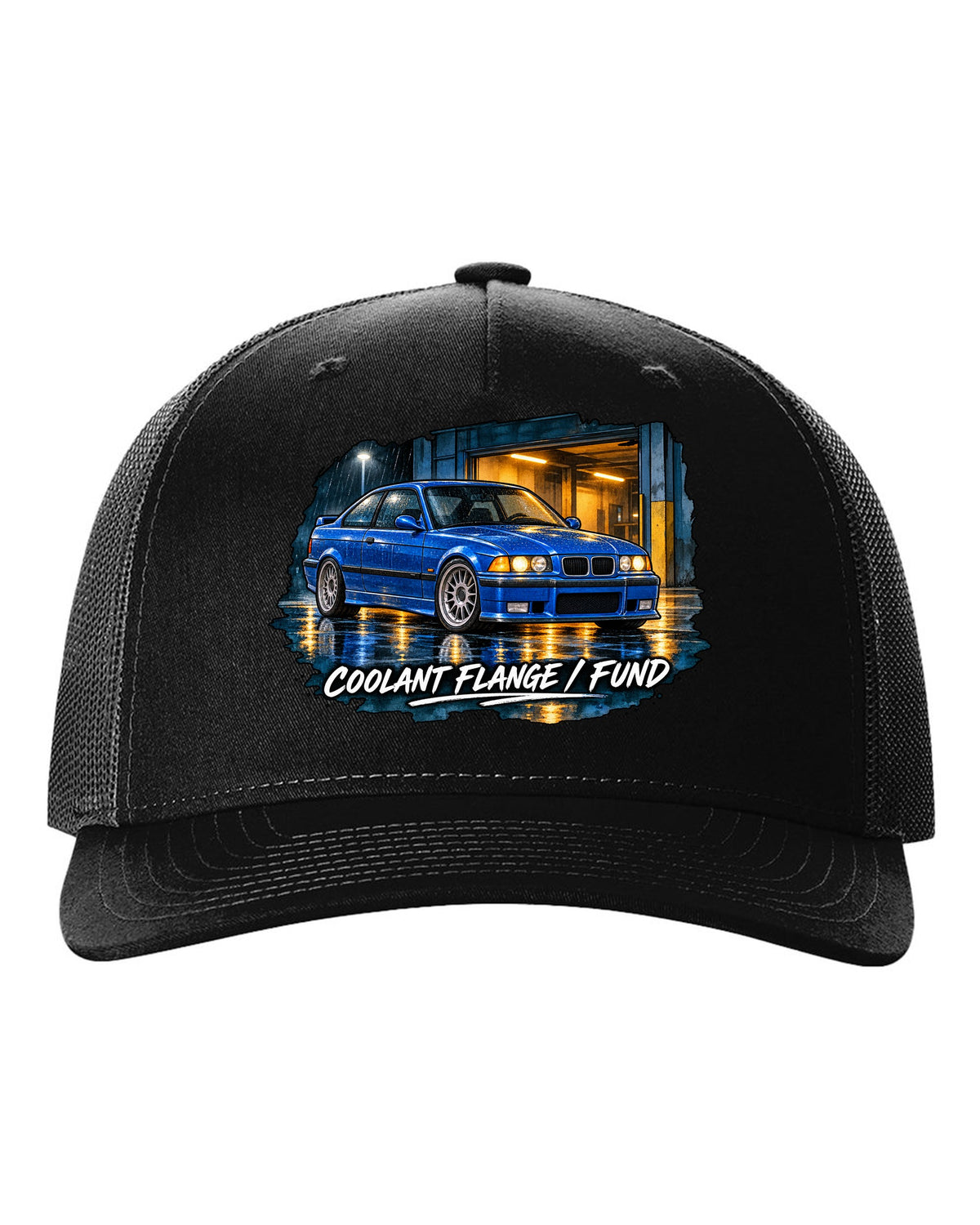 Comic halftone pop-art burnout of a BMW E36 M3 coupe with rear tyres subscription text black hat front view with the design