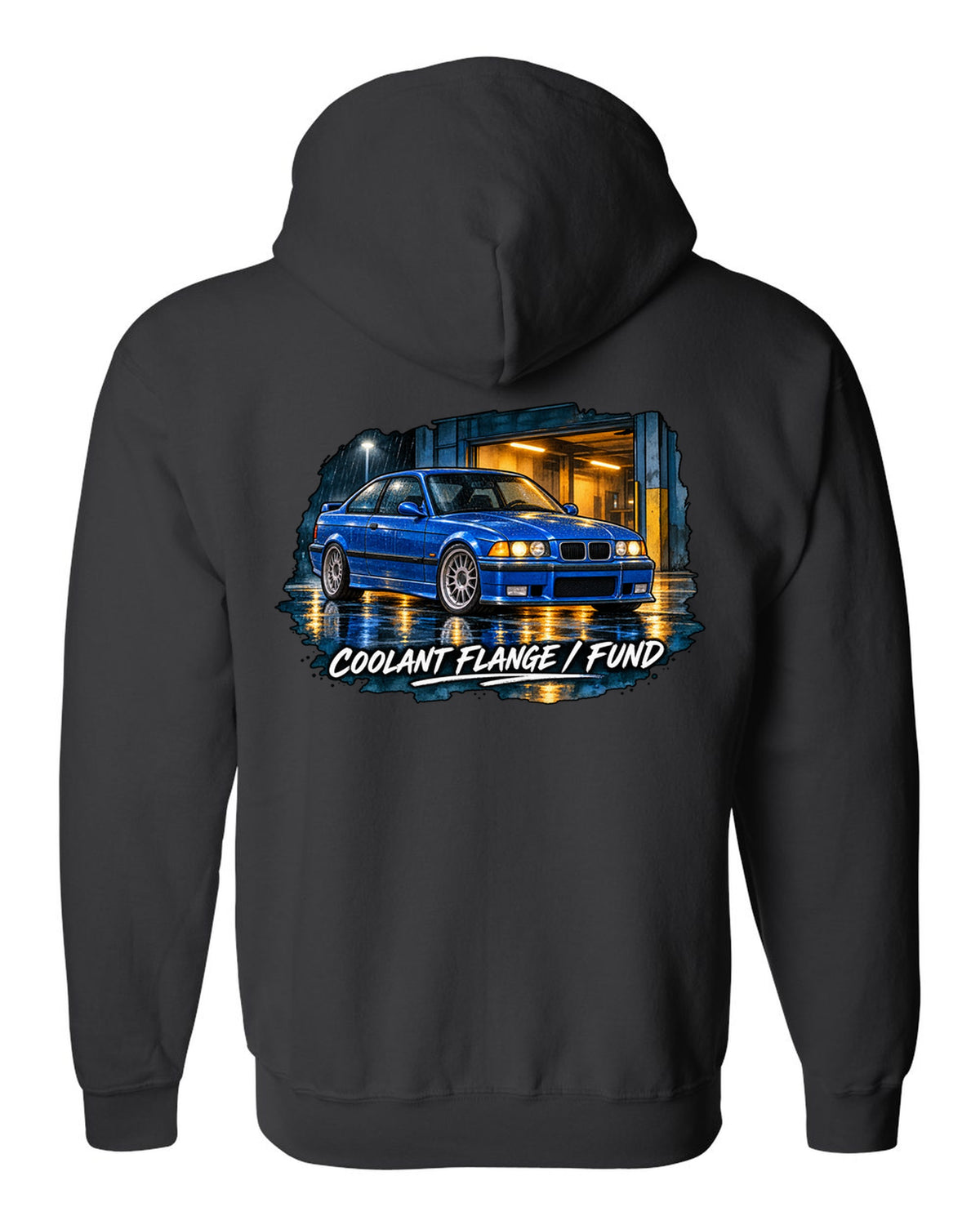 Comic halftone pop-art burnout of a BMW E36 M3 coupe with rear tyres subscription text black zip hoodie back view with the design