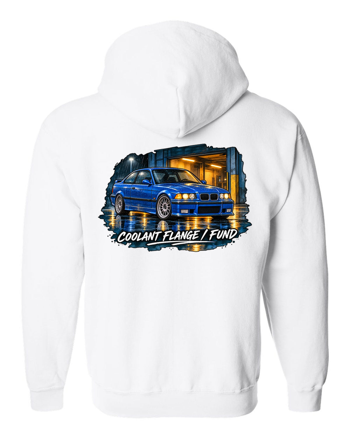 Comic halftone pop-art burnout of a BMW E36 M3 coupe with rear tyres subscription text white zip hoodie back view with the design