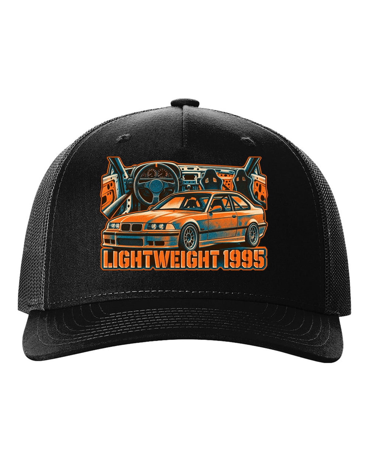 Watercolour wet-road night illustration of a BMW E36 M3 coupe in a garage with coolant flange fund text black hat front view with the design