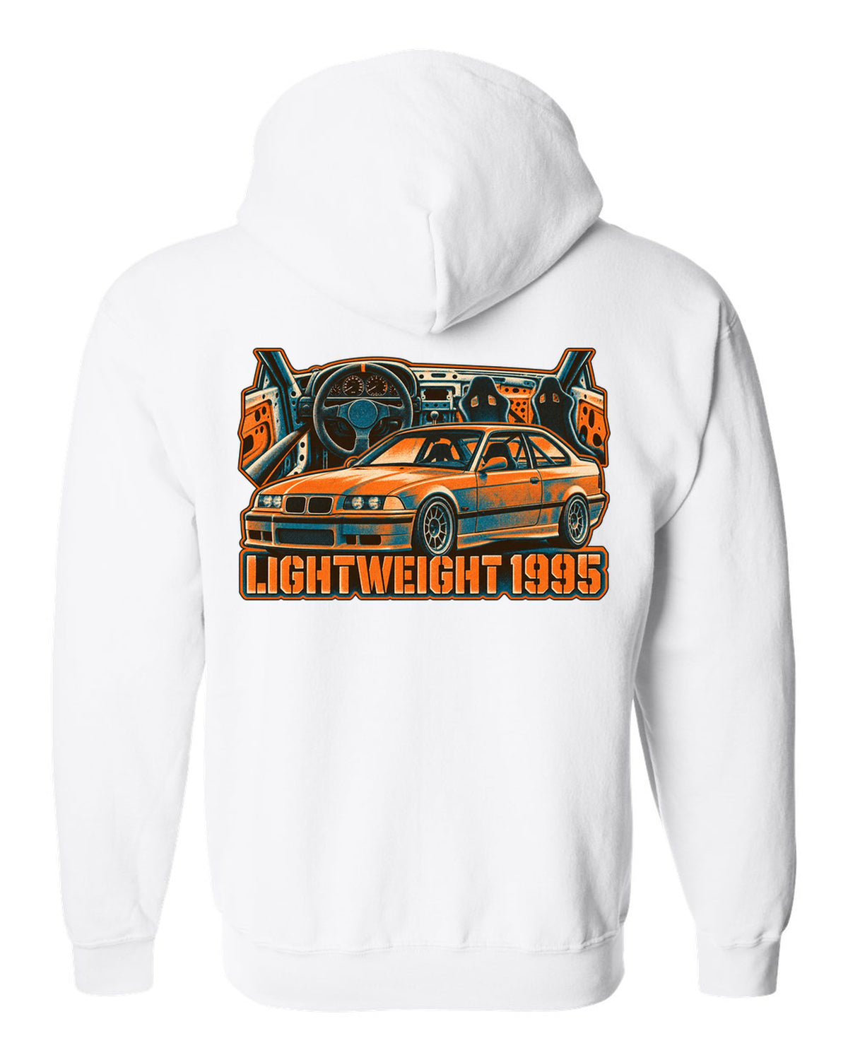 Watercolour wet-road night illustration of a BMW E36 M3 coupe in a garage with coolant flange fund text white zip hoodie back view with the design