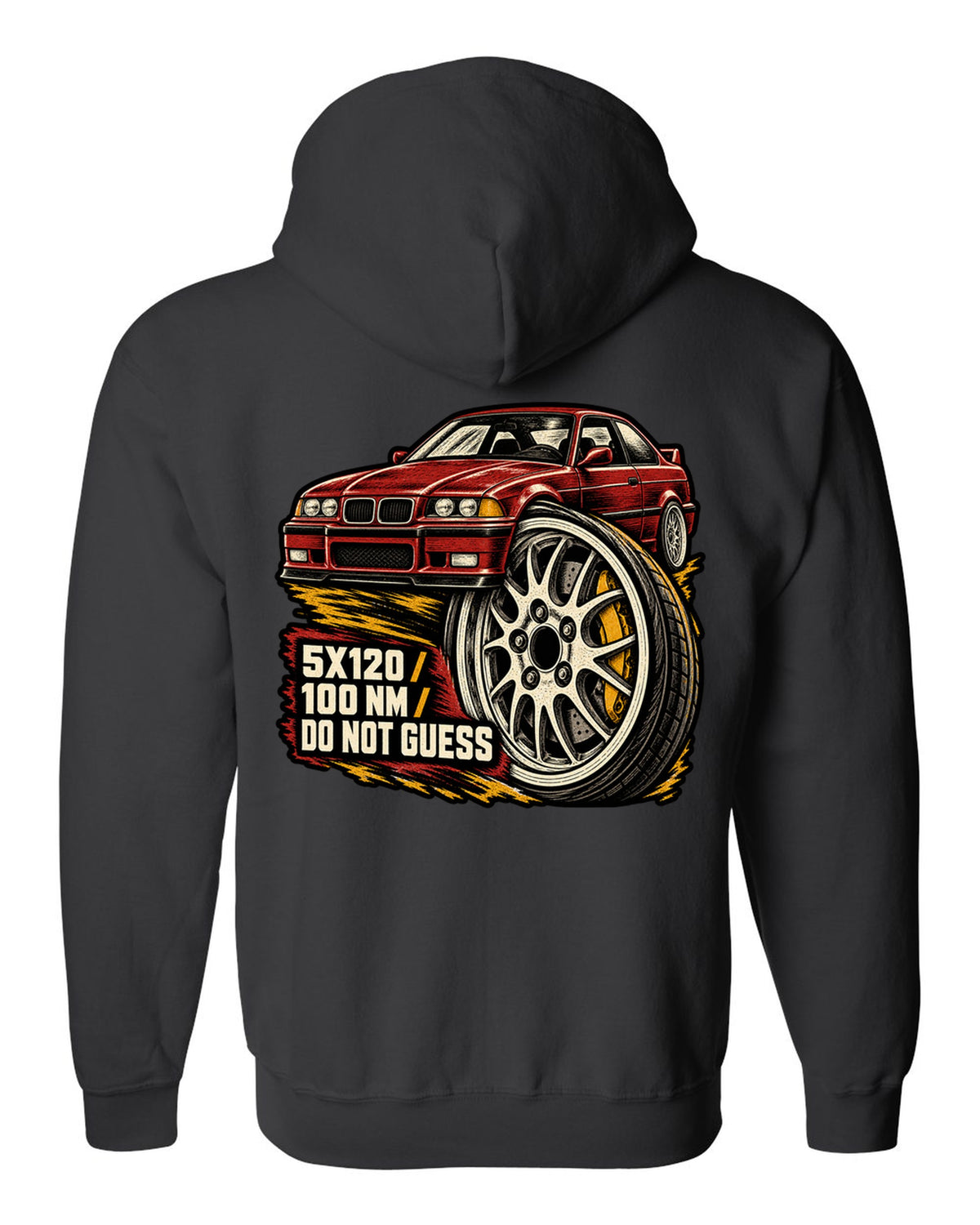 Linocut woodcut lug nut design for a BMW E36 M3 coupe with 5x120 and 100 Nm text black zip hoodie back view with the design
