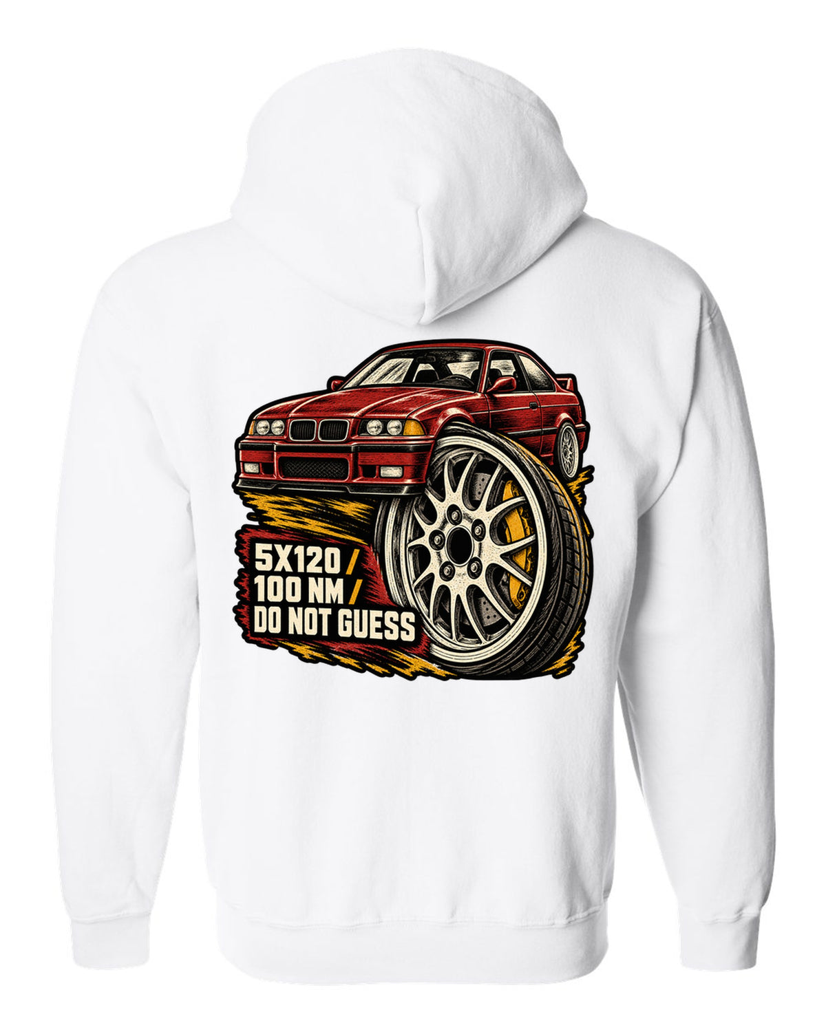 Linocut woodcut lug nut design for a BMW E36 M3 coupe with 5x120 and 100 Nm text white zip hoodie back view with the design