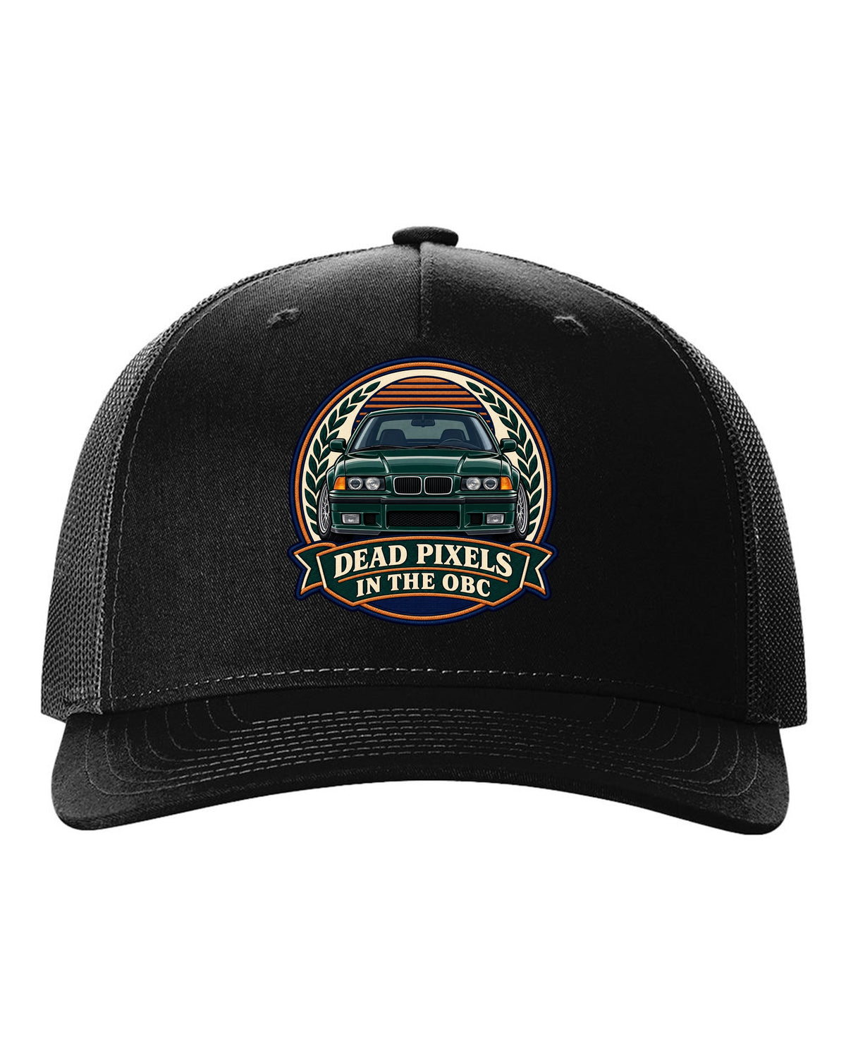 Varsity crest style print of a BMW E36 M3 coupe with dead pixels in the OBC text black hat front view with the design