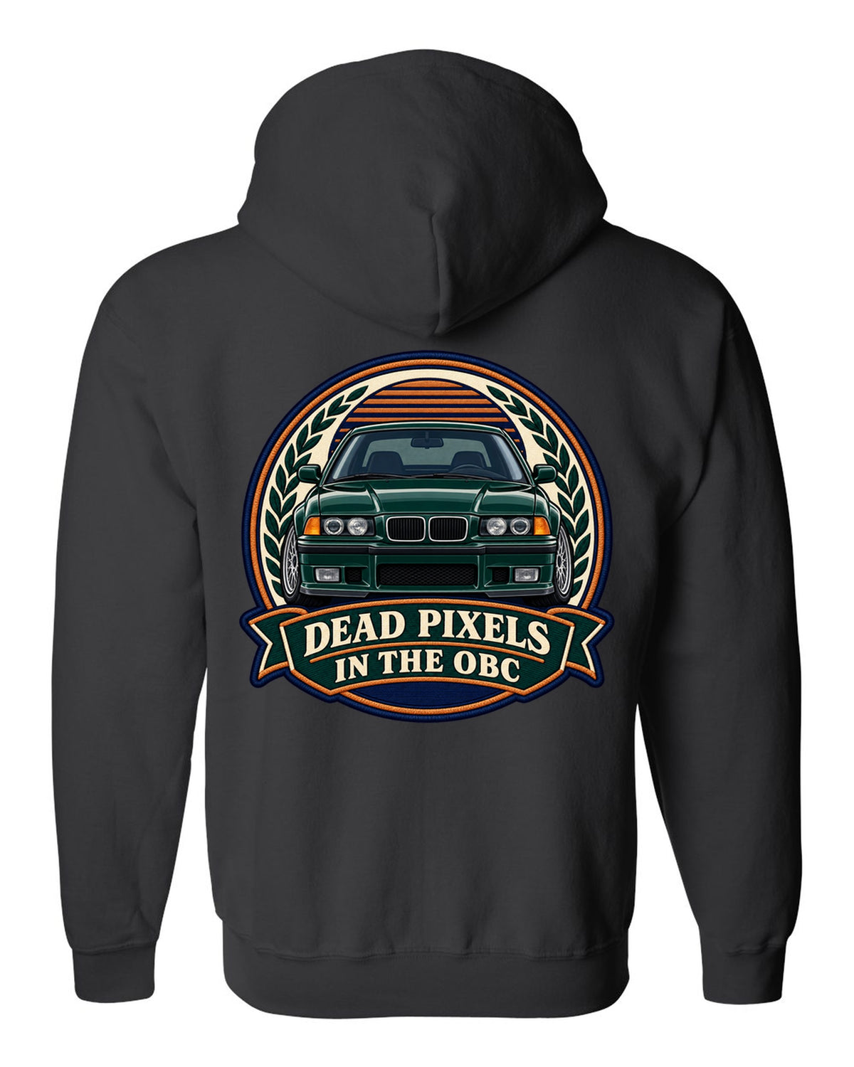 Varsity crest style print of a BMW E36 M3 coupe with dead pixels in the OBC text black zip hoodie back view with the design