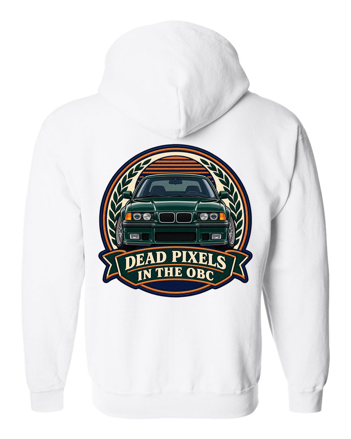 Varsity crest style print of a BMW E36 M3 coupe with dead pixels in the OBC text white zip hoodie back view with the design
