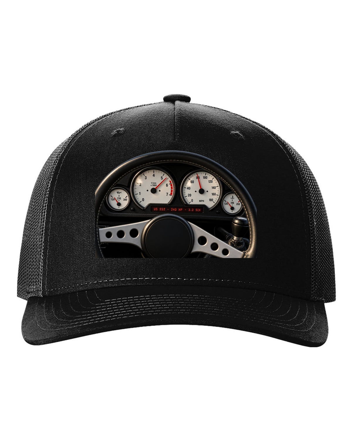 BMW E36 M3 coupe US S52 cockpit gauge print with 240 HP and 3.2 six text black hat front view with the design