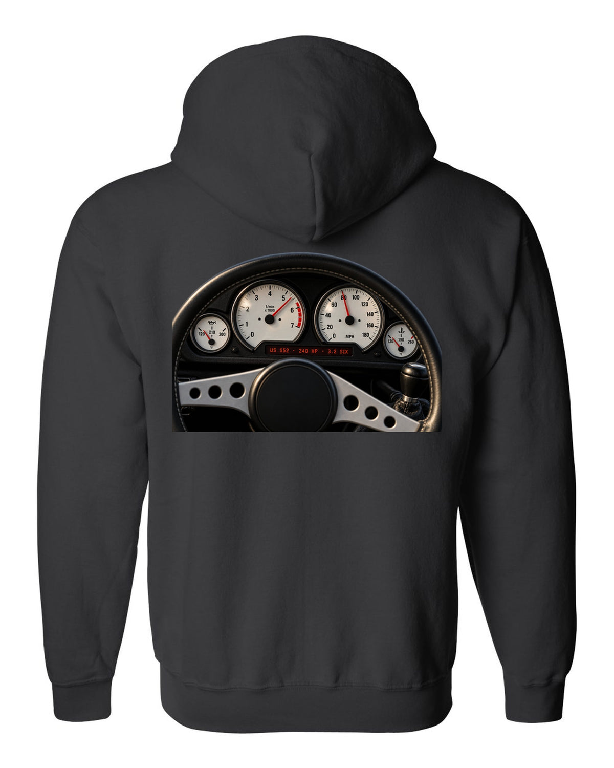 BMW E36 M3 coupe US S52 cockpit gauge print with 240 HP and 3.2 six text black zip hoodie back view with the design