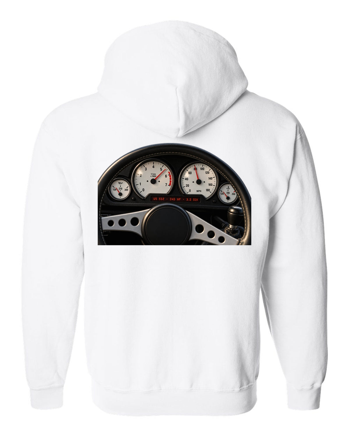 BMW E36 M3 coupe US S52 cockpit gauge print with 240 HP and 3.2 six text white zip hoodie back view with the design