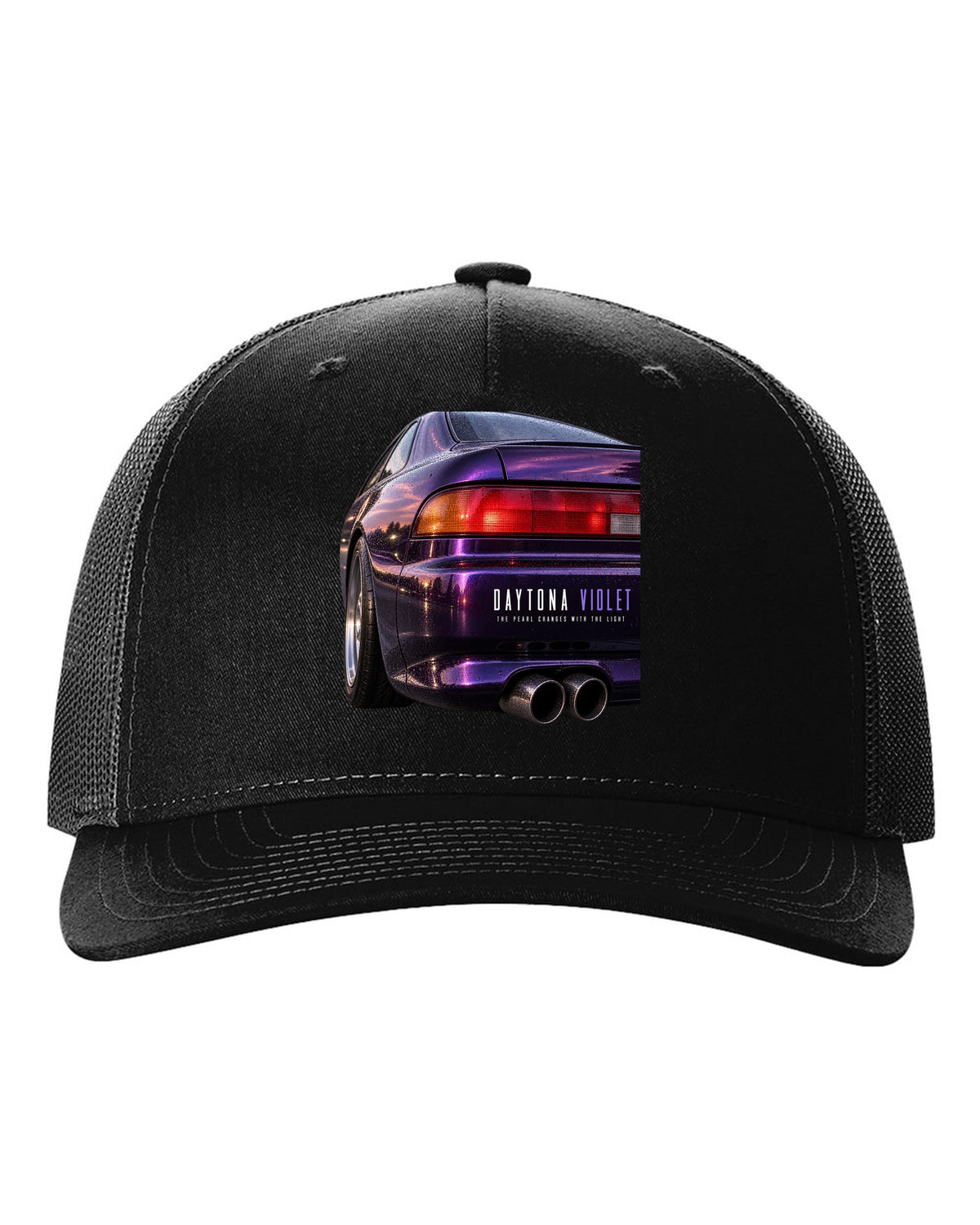 BMW E36 M3 coupe taillight macro print with Daytona Violet pearl paint text black hat front view with the design