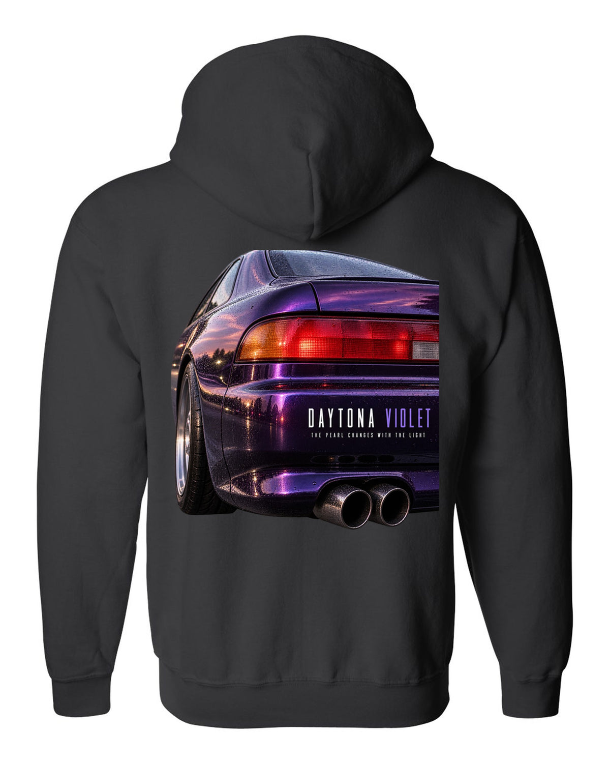 BMW E36 M3 coupe taillight macro print with Daytona Violet pearl paint text black zip hoodie back view with the design