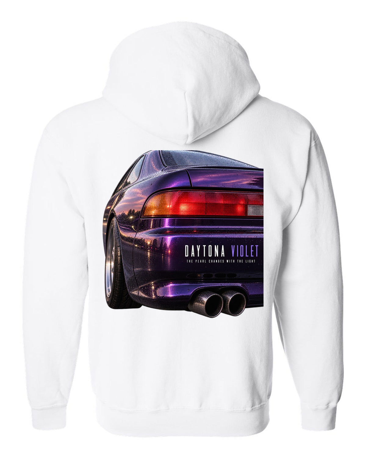 BMW E36 M3 coupe taillight macro print with Daytona Violet pearl paint text white zip hoodie back view with the design