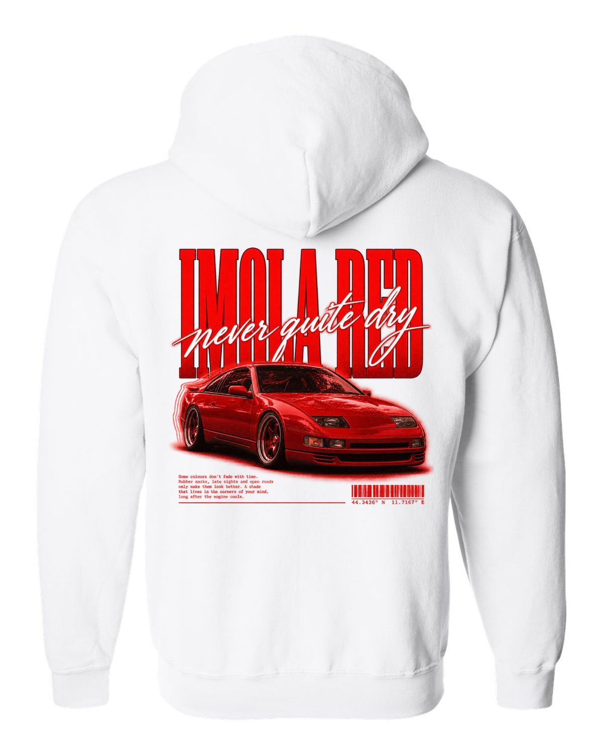 BMW E36 M3 coupe Imola Red street poster print with never quite dry text white zip hoodie back view with the design