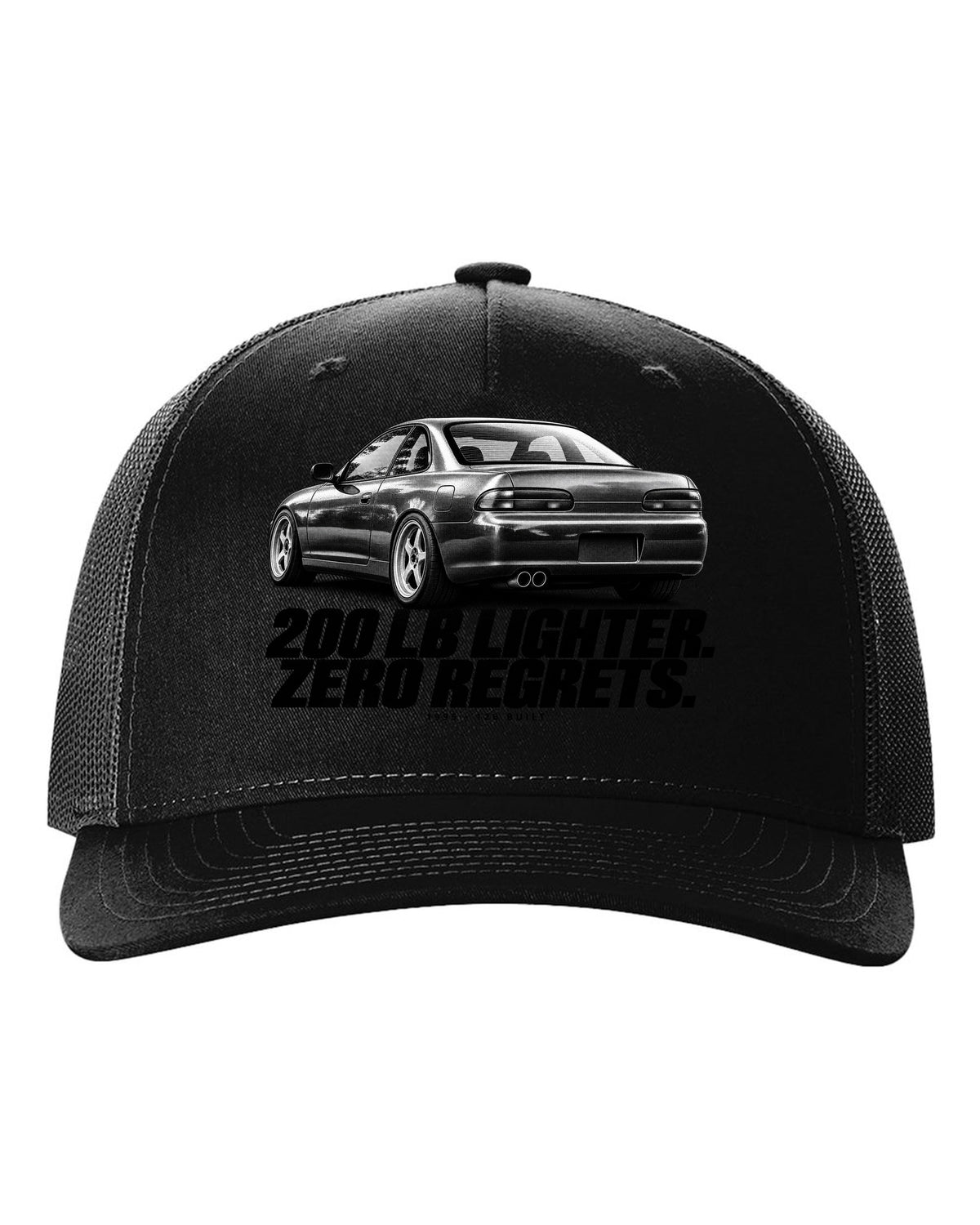 BMW E36 M3 Lightweight 1995 halftone print with 200 lb lighter and 126 built text black hat front view with the design