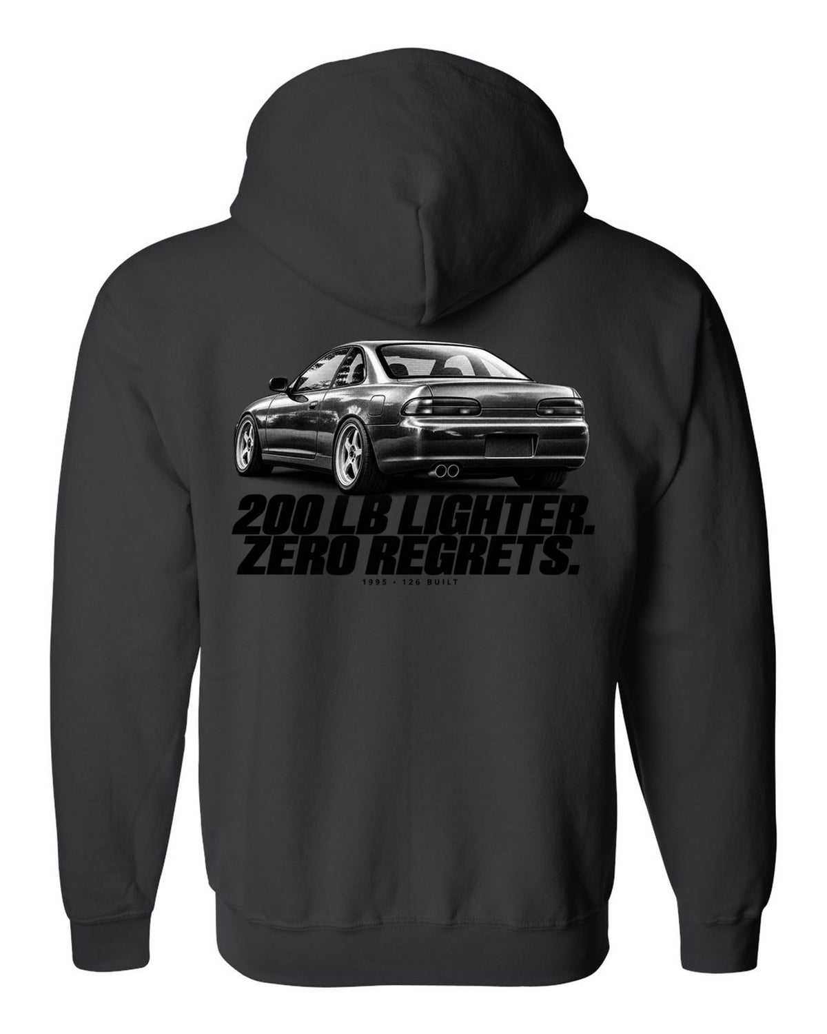 BMW E36 M3 Lightweight 1995 halftone print with 200 lb lighter and 126 built text black zip hoodie back view with the design